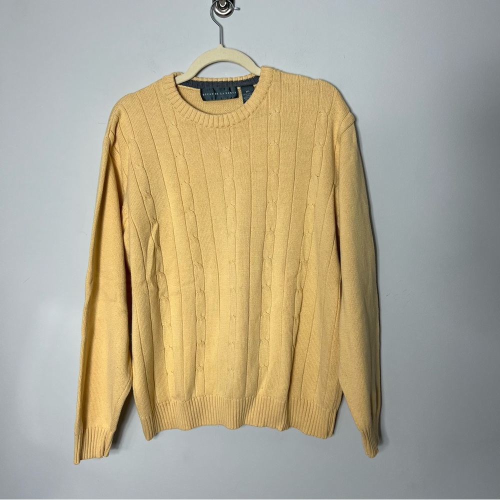 Vintage Oscar De La Renta 100% Cotton Crewneck Sweater Cable Knit Yellow *i